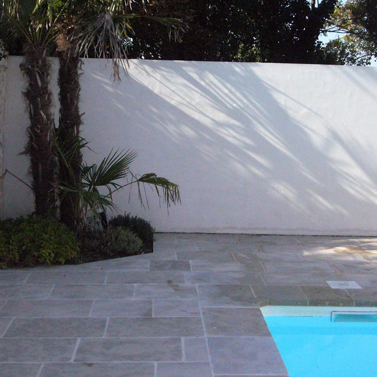 Terrasse donnant sur une piscine avec un mur blanc et des palmiers projetant des ombres.