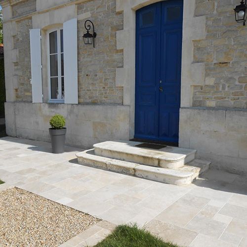 Porte d'entrée bleue avec marches en pierre et plante en pot sur une façade de maison ensoleillée