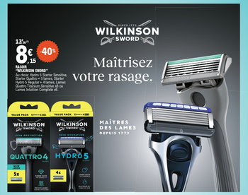 Rasoir « Wilkinson Sword » à 8.15€ au lieu de 13.58€, soit une remise de -40%. Au choix : Hydro 5 Starter Sensitive, starter quattro + 5 lames, starter hydro 5 regular + 4 lames, lames quattro titanium sensitive x8 ou lames intuition complète x6