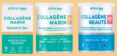 Présentation de 3 produits collagène marin et beauté de la marque Stardea.