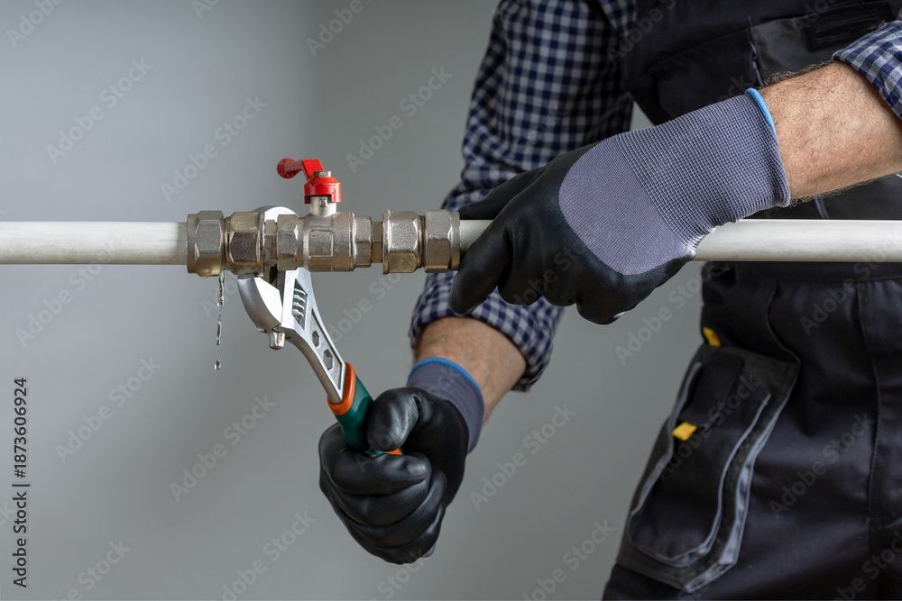 Ein Arbeiter mit Handschuhen zieht mit einem Schraubenschlüssel ein Metallrohrventil an einem weissen Rohr fest, darüber ein roter Hebel.