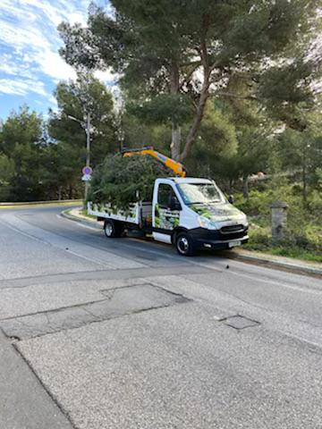 Le véhicule d'intervention de Reinhardh Élagage qui contient dans sa remorque des branchages