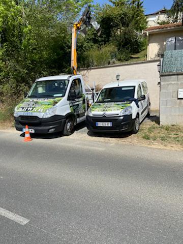 La camionnette et le camion grue de l'entreprise Reinhardh Élagage permettant les travaux d'élagage et d'abattage