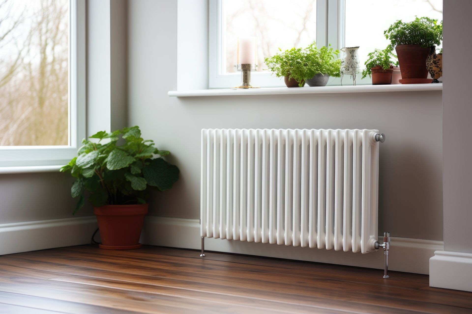 Radiateur blanc dans une pièce avec des plantes