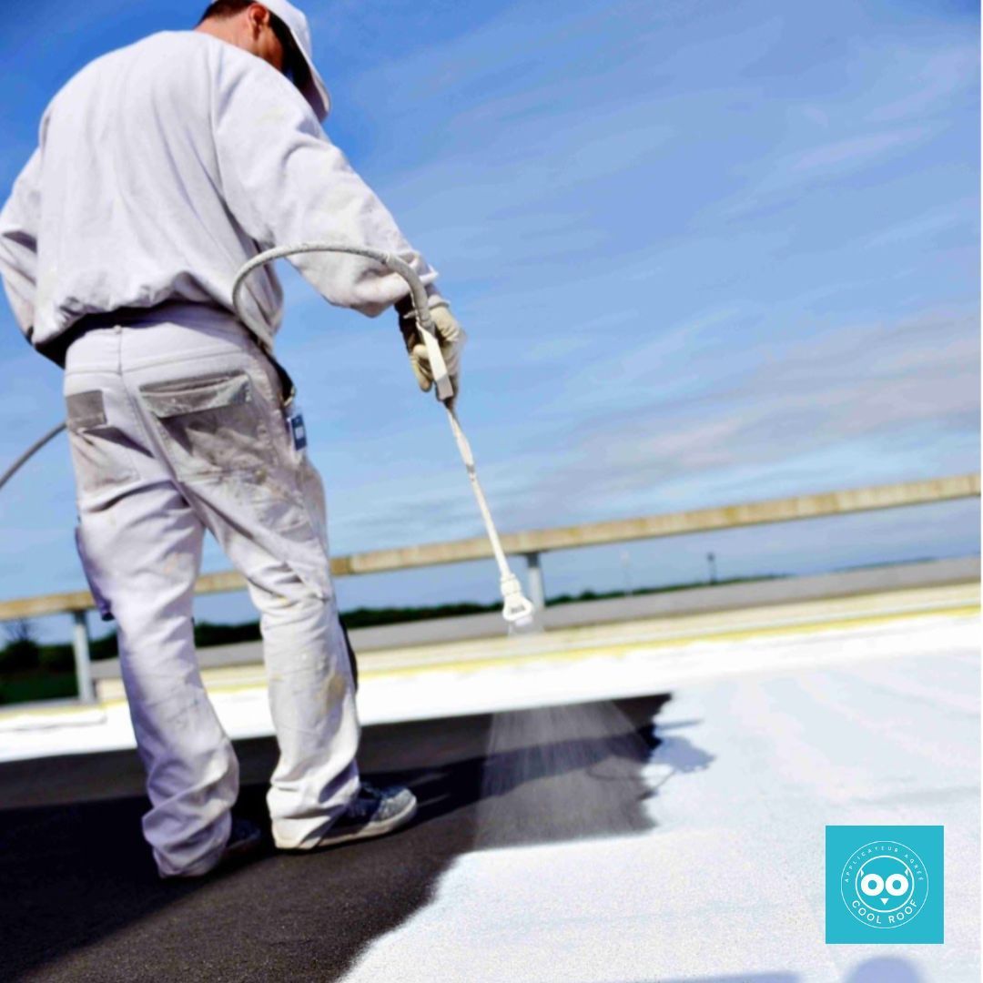 Un homme en combinaison de protection blanche pulvérise un enduit blanc sur un toit.