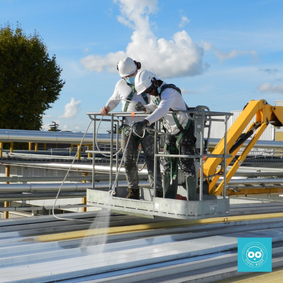 Deux ouvriers en tenue de protection inspectent un toit métallique sur une plateforme surélevée, sous un ciel bleu.