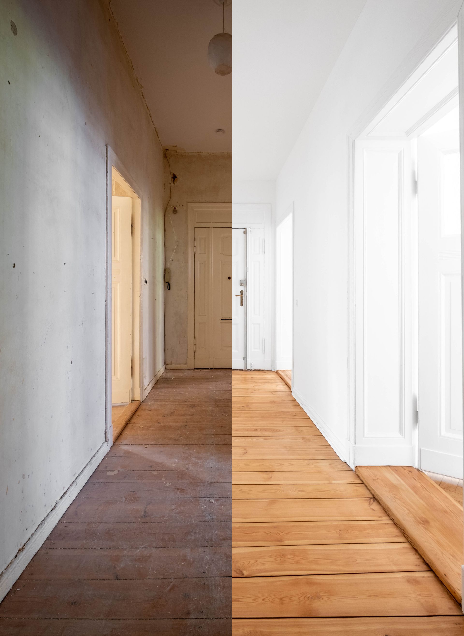 Couloir avant et après rénovation : côté gauche sale et vétuste, côté droit propre et blanc, sol en bois.
