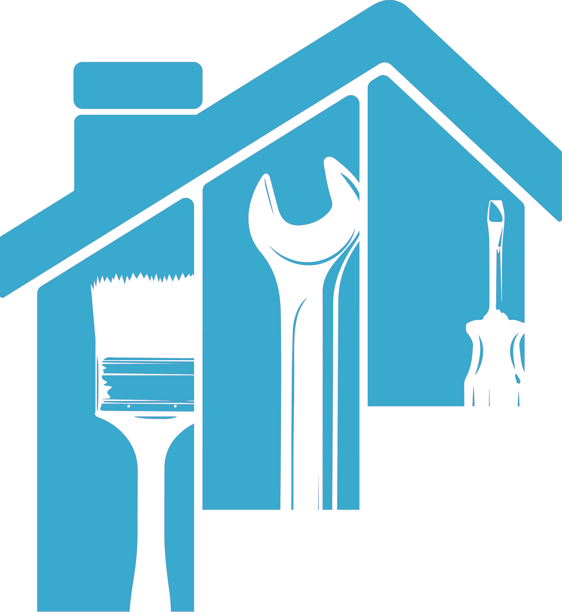 Silhouette d'une maison bleue contenant un pinceau, une clé et un tournevis.