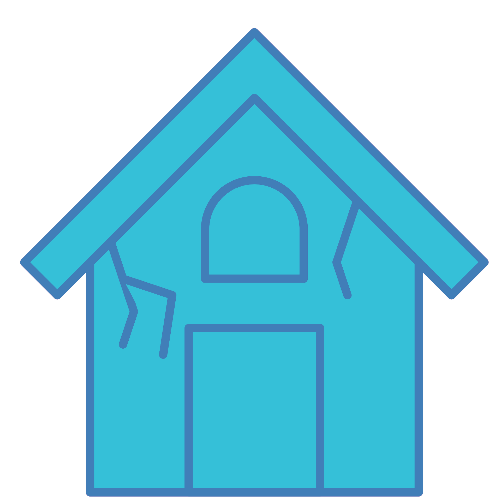 Maison bleue avec des fissures et une fenêtre et une porte cintrées.