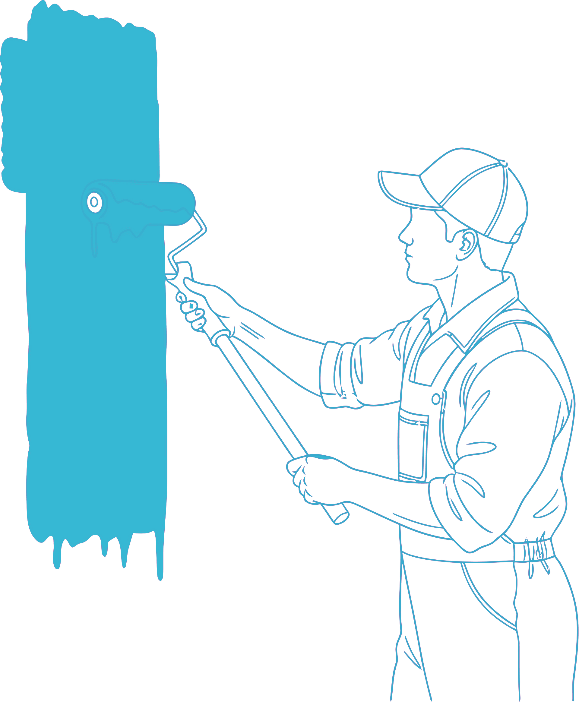 Un peintre utilise un rouleau pour appliquer de la peinture bleue sur un mur.