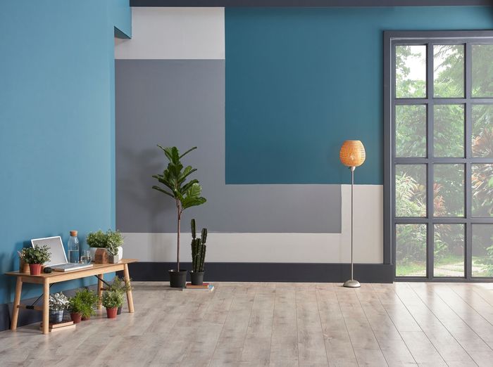 Pièce aux murs peints en bleu, gris et blanc, parquet, plantes, lampe et fenêtre.