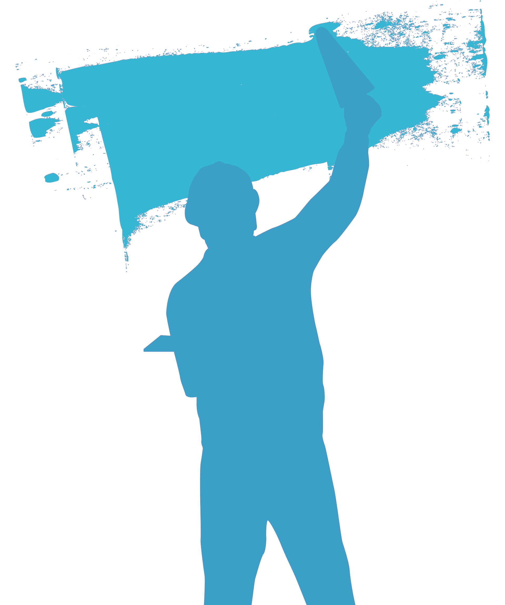 Silhouette d'une personne peignant un trait bleu sur un fond blanc.