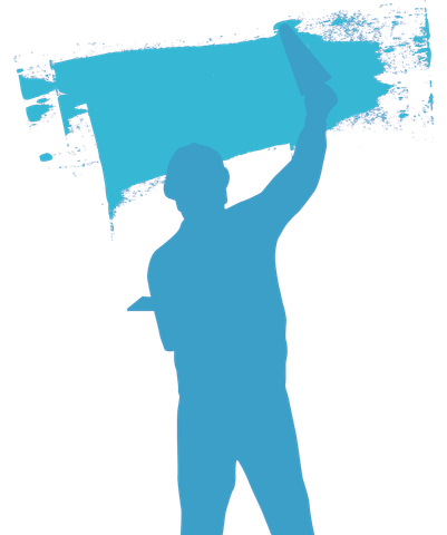 Silhouette bleue d'une personne peignant une grande surface.
