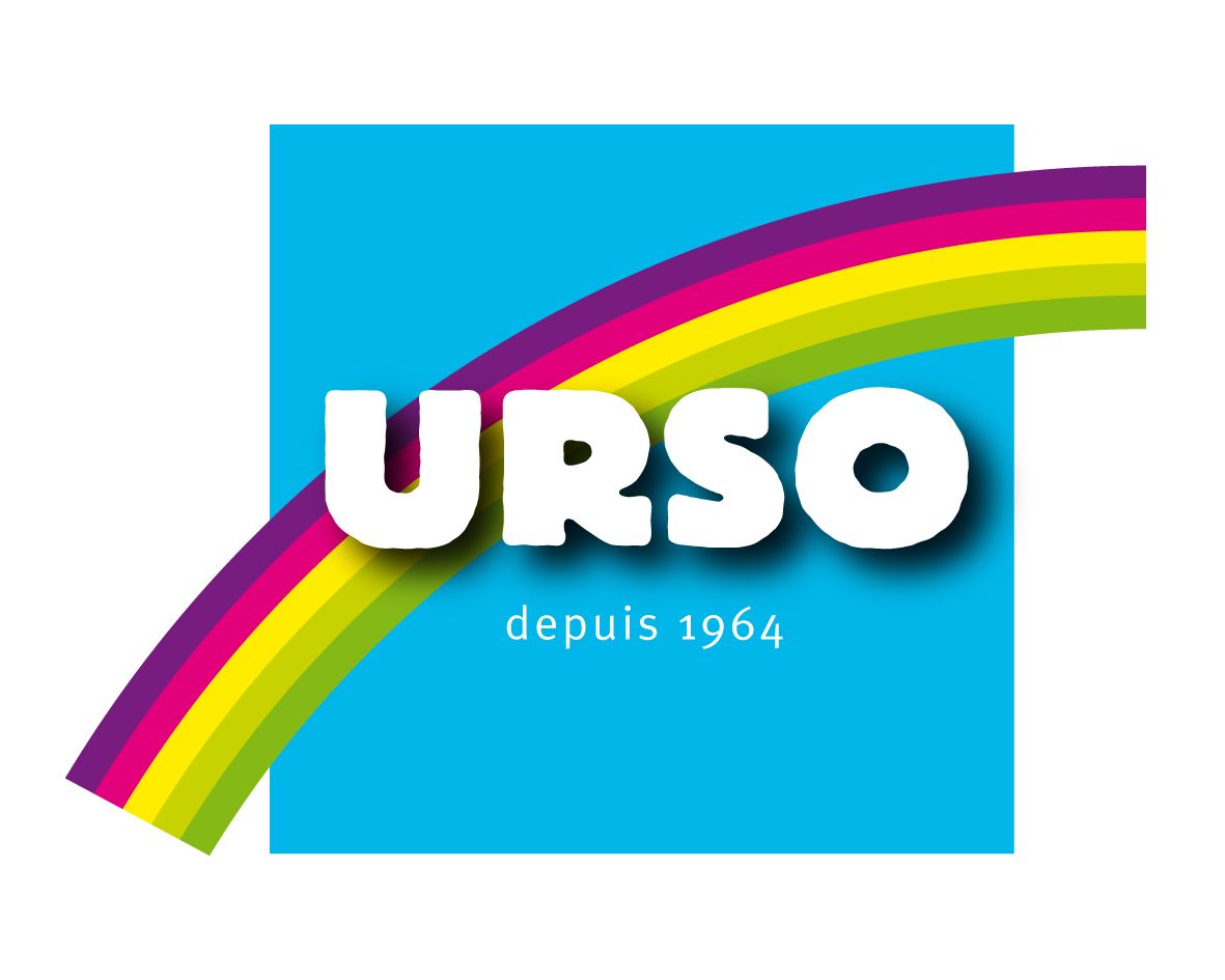 Accueil Logo URSO : texte blanc sur un carré bleu avec un arc-en-ciel et « depuis 1964 ».