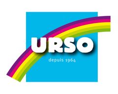 Accueil Logo URSO : texte blanc sur un carré bleu avec un arc-en-ciel et « depuis 1964 ».