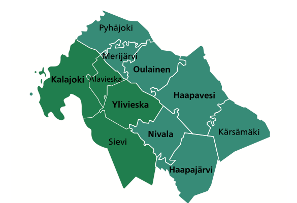 Kartta Kaunismetsän Keski-Pohjanmaan toiminta-alueesta: Kokkola, Kalajoki, Ylivieska, Kannus, Kaustinen ja lähikunnat.