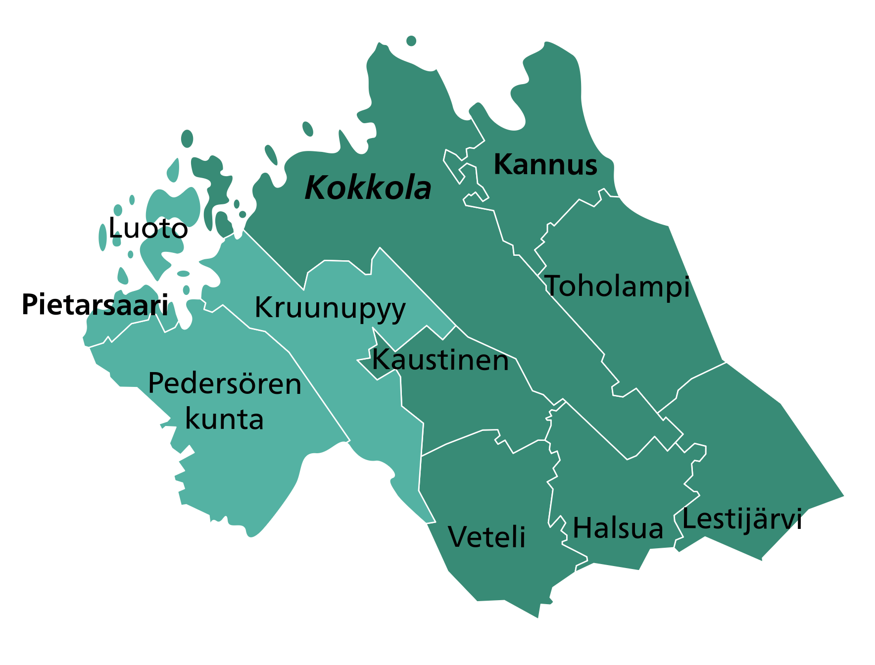 Kartta Kaunismetsän Keski-Pohjanmaan toiminta-alueesta: Kokkola, Kalajoki, Ylivieska, Kannus, Kaustinen ja lähikunnat.
