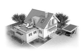 Luftaufnahme eines Hauses mit Carport in schwarz-weiß