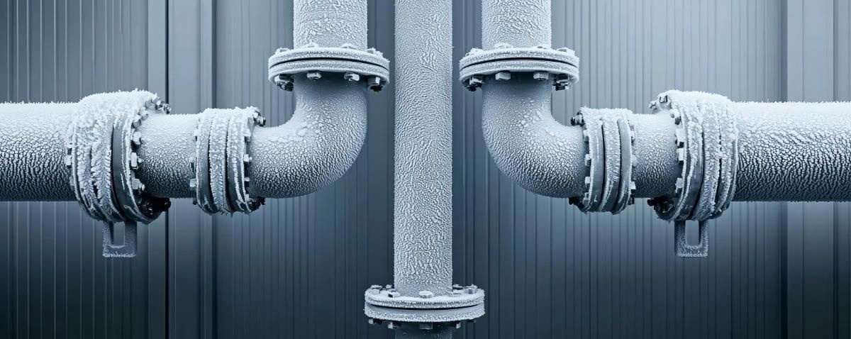 Gefrorene Rohre vor blaugrauem Hintergrund, mit Kondenswasser.