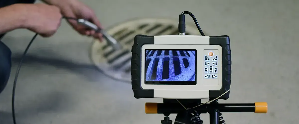 Eine Person untersucht mit einer Abflussinspektionskamera einen Abflussrost. Die Kamera zeigt das Innere des Abflusses.