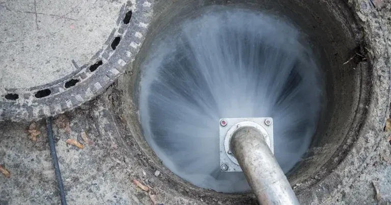 Wasser schießt mit Wucht aus einem Metallrohr in einen Kanaldeckel und erzeugt dabei einen weißen, schaumigen Sprühnebel.