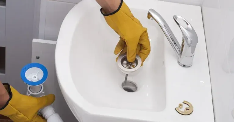 Eine Person mit gelben Handschuhen installiert einen Abfluss in einem weißen Waschbecken.