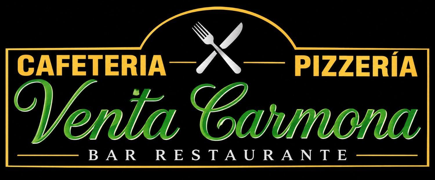 Logotipo negro y dorado para Cafeteria Pizzer&iacute;a Venta Carmona Bar Restaurante, con un icono de tenedor y cuchillo
