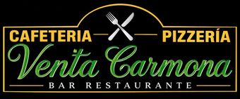 Logotipo negro y dorado para Cafeteria Pizzería Venta Carmona Bar Restaurante, con un icono de tenedor y cuchillo