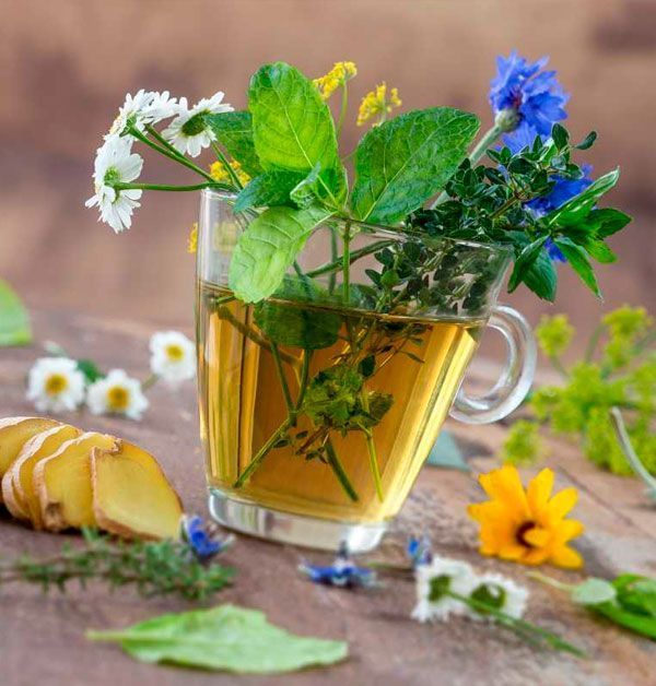 Una taza de té con flores y hojas.