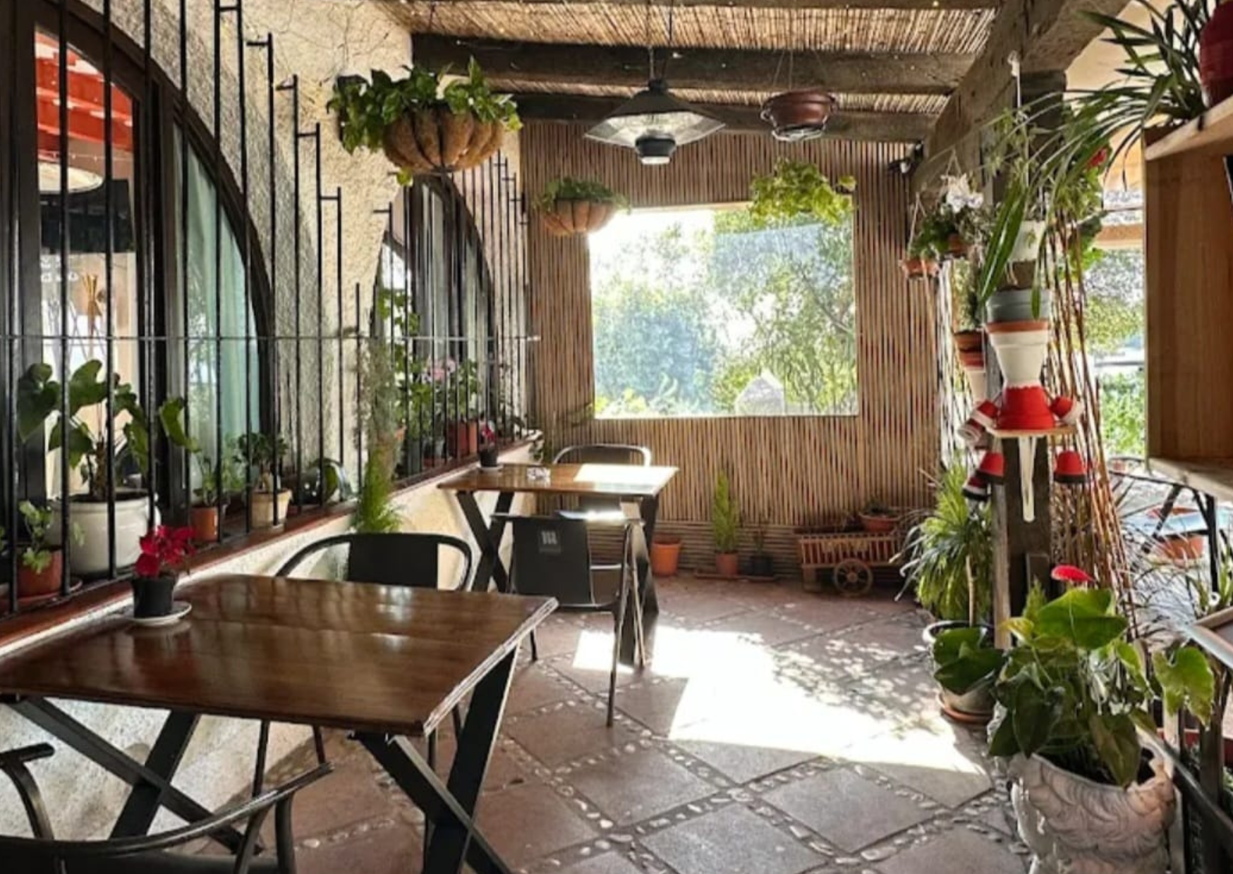 Una cafetería con terraza soleada y acogedora