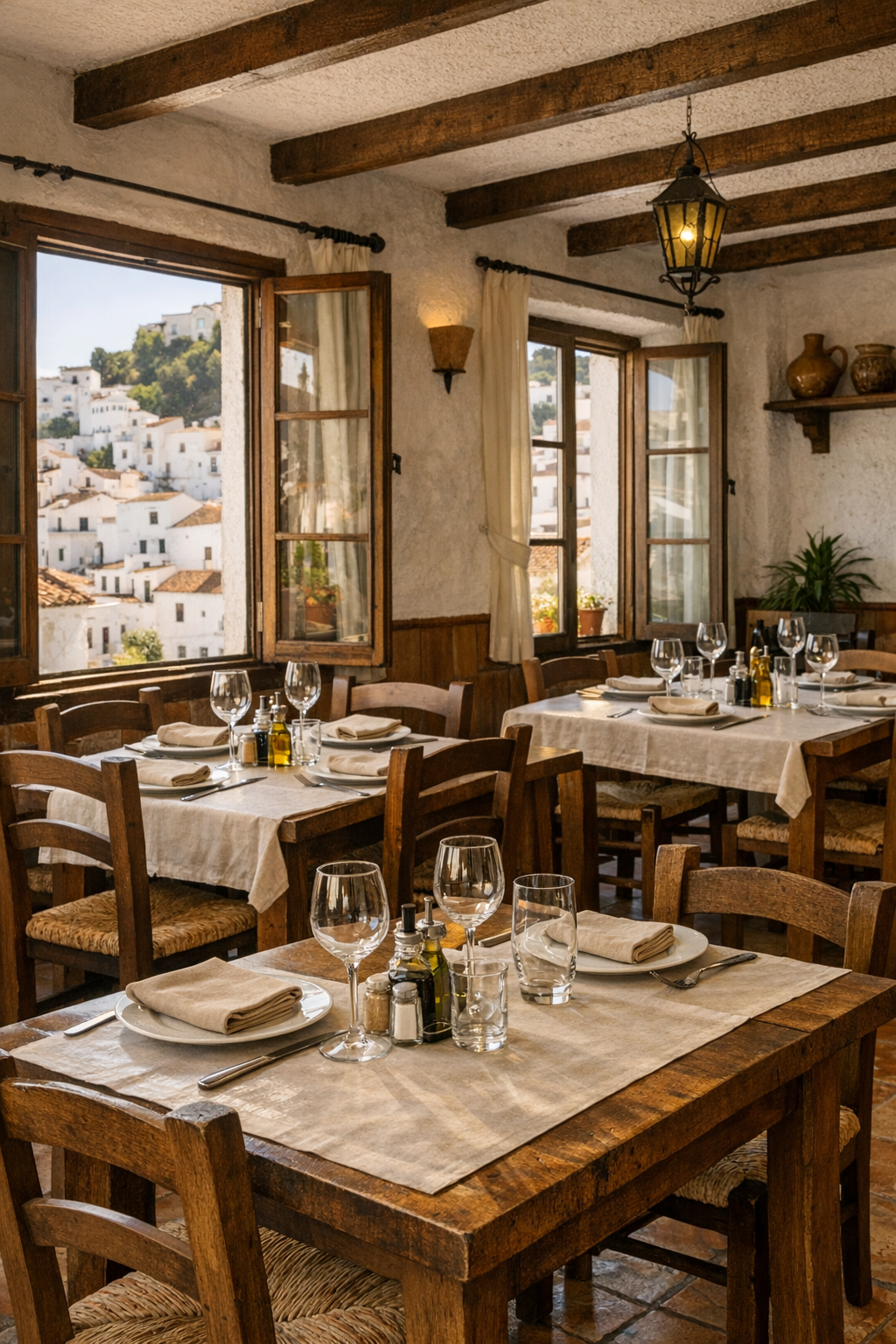 Acogedor restaurante rústico con mesas de madera, manteles blancos y grandes ventanales con vistas a un pueblo en la ladera de una colina.