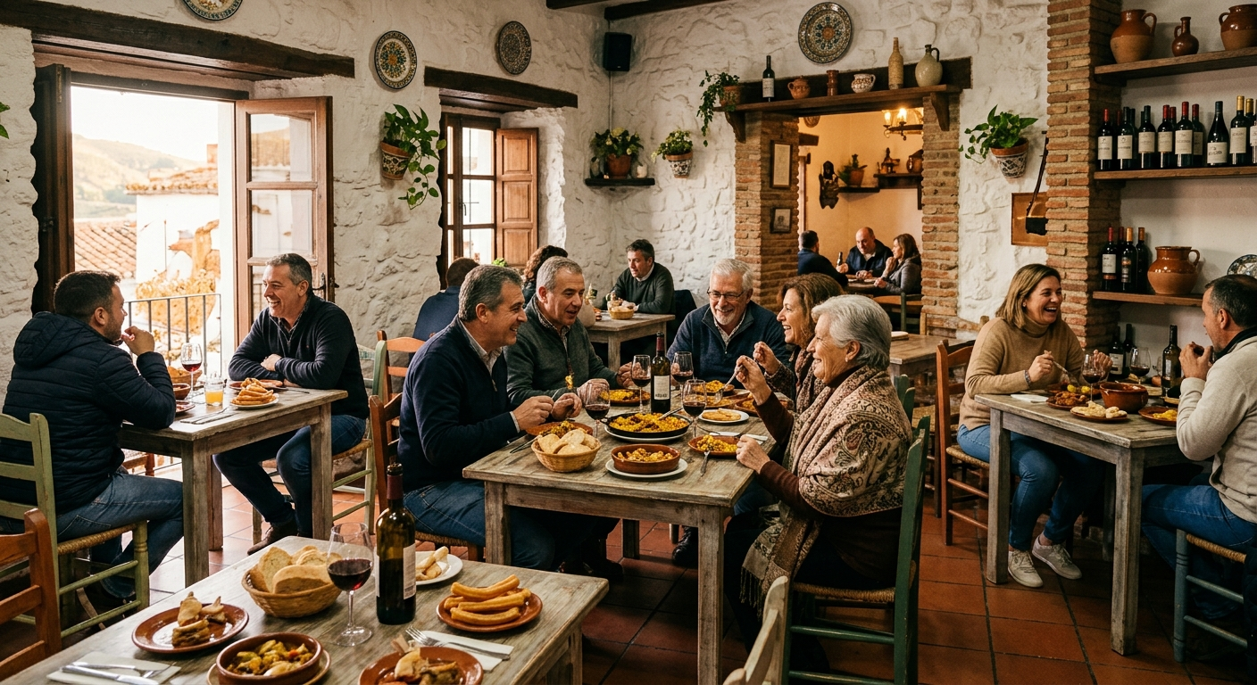 Gente cenando y charlando en un acogedor restaurante rústico con paredes de ladrillo visto y una iluminación cálida.