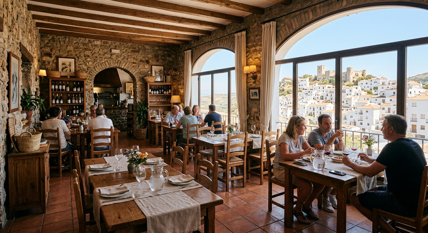 Acogedor restaurante con paredes de piedra, mesas de madera y luz natural que entra por sus grandes ventanales.