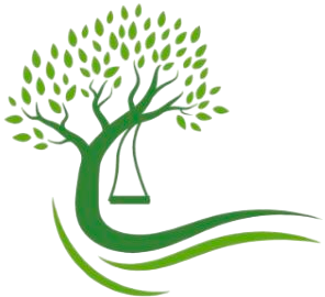 Logotipo de un árbol verde con un columpio colgante y hojas ondulantes sobre un fondo blanco.