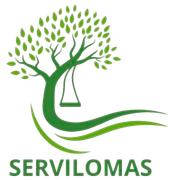 Logotipo de árbol verde con balanza colgante y líneas fluidas sobre la palabra “SERVILOMAS”.