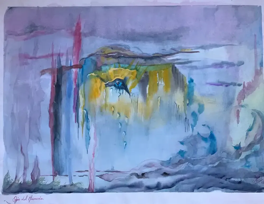 Una pintura de acuarela de un paisaje con un pájaro volando en el cielo.