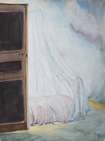 Una pintura de acuarela de una cama con dosel en una habitación.