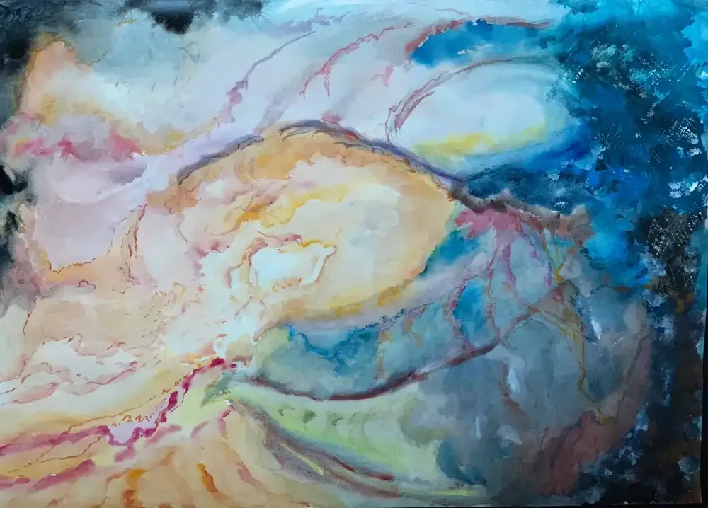 Es una pintura de una medusa en el océano.