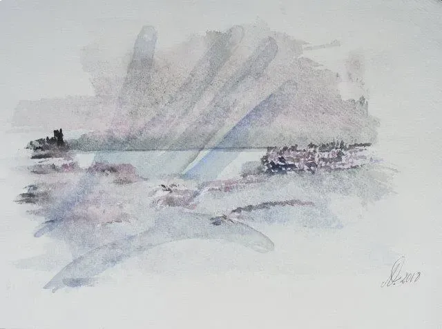 Una pintura de acuarela de un paisaje con un barco en la distancia.