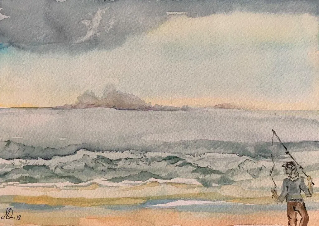 Una pintura de acuarela de un hombre pescando en la playa.