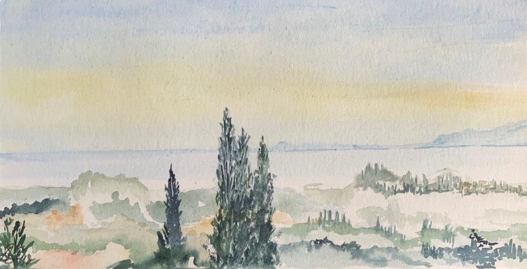 Una pintura de acuarela de un paisaje con árboles en primer plano y montañas en el fondo.