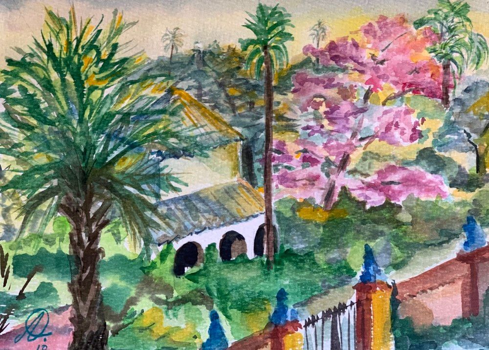 Una pintura de acuarela de un paisaje con palmeras y flores.