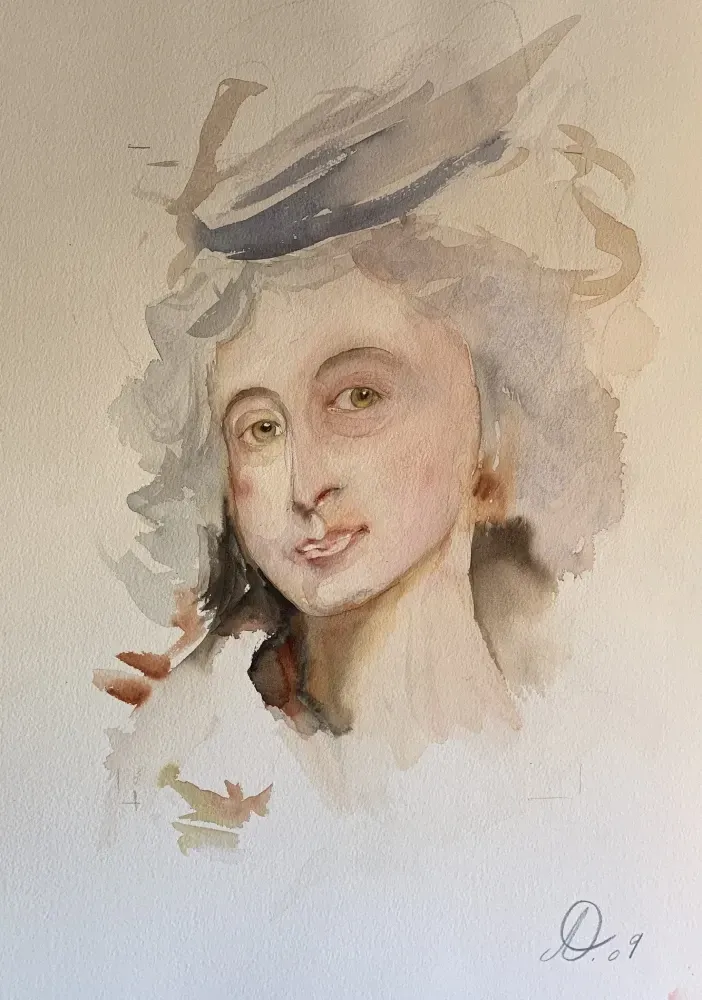 Una pintura de acuarela de una mujer que lleva un sombrero.