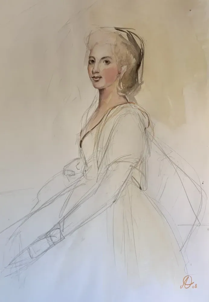 Un dibujo a lápiz de una mujer con un vestido blanco y un sombrero.