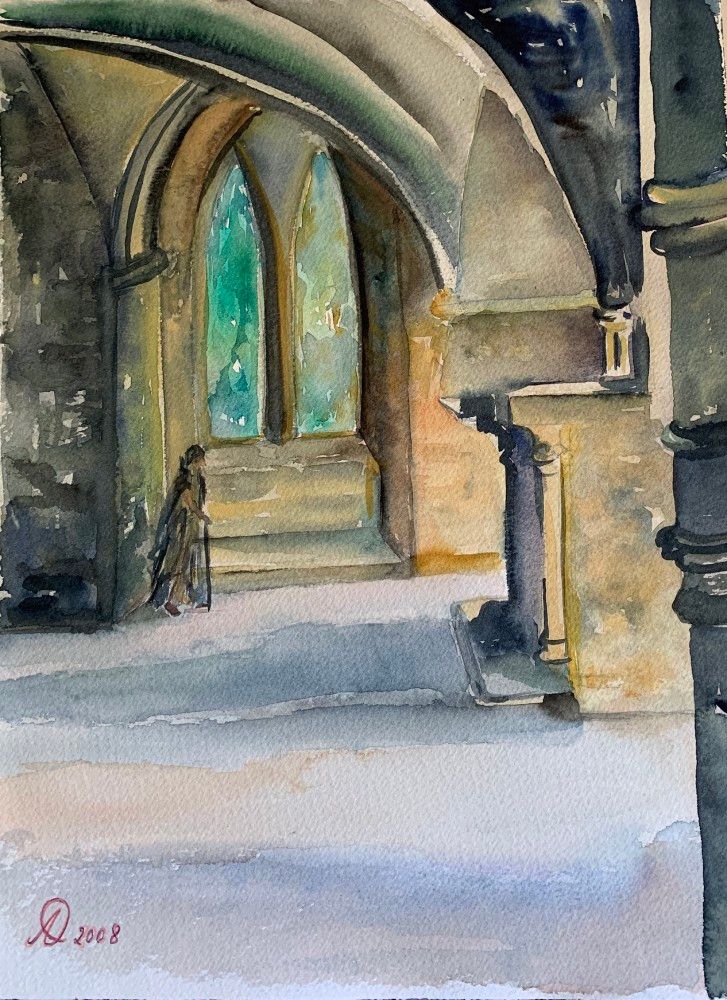 Una pintura de acuarela de un hombre caminando a través de un arco.