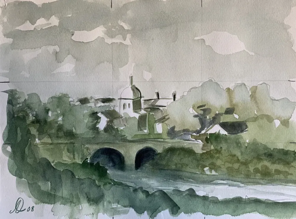 Una pintura de acuarela de un puente sobre un río.