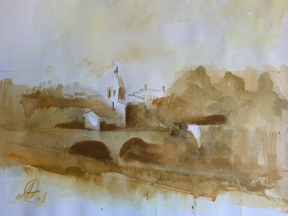 Es una pintura de un puente sobre un río.