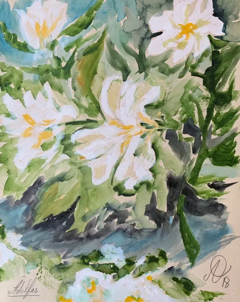 Una pintura de acuarela de flores blancas con hojas verdes.