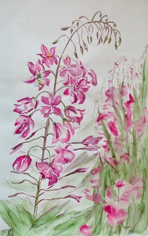 Una pintura de acuarela de flores rosas y hojas verdes.