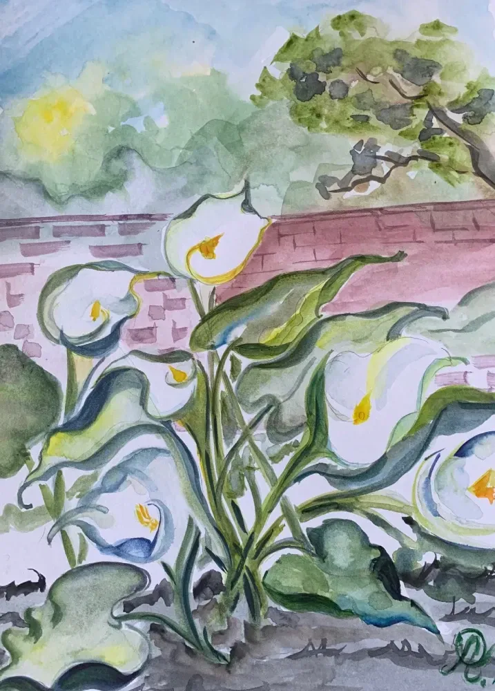 Una pintura de acuarela de flores con una pared de ladrillos al fondo.